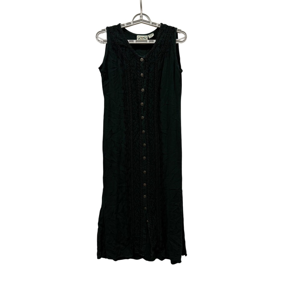 24 Karat Vintage Green Embroidered Button Front Rayon Maxi Dress Womens Size M
